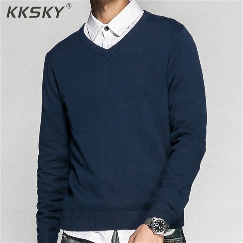 Men s Pullover V neck 100 Cotton Solid Color Sweater Autumn And Winter New Long sleeved Casual Sweater For Homme M 3XL LJ200919