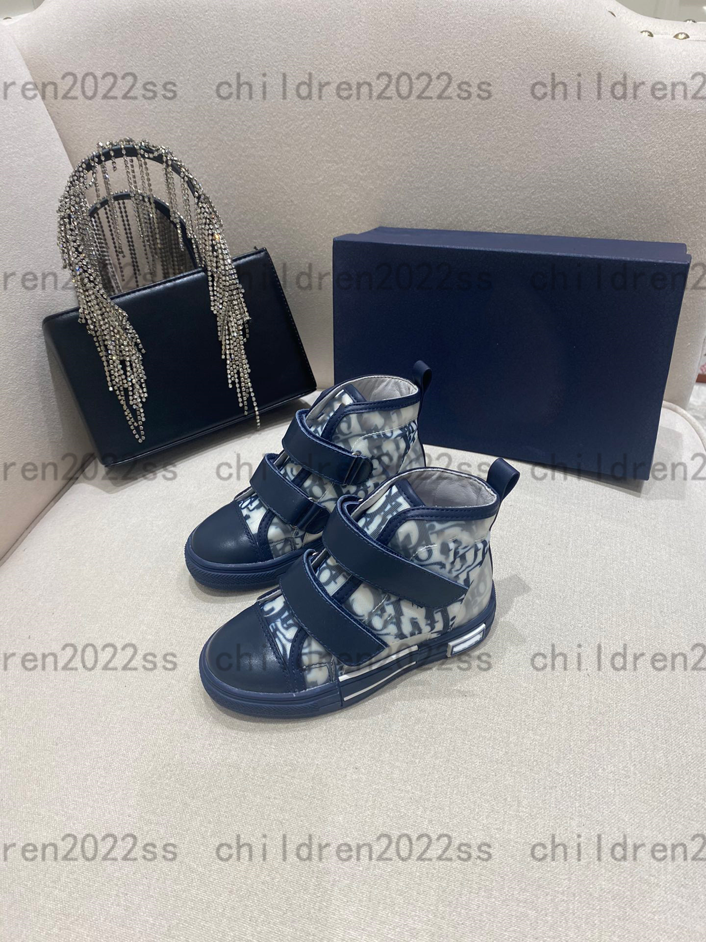 

2022ss high tube white color designer baby shoes high-end girls flat shoes luxury canvas sneakers size 26-35 newly summer casual dr-shoes for boys, Blue