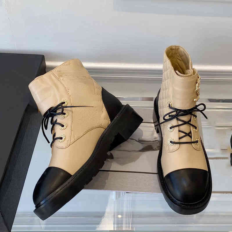 Brand short boots for women Beige chunky platform boots leather lace-up shoes combat boot chains buckle low heel Martin booties ankle luxury desi