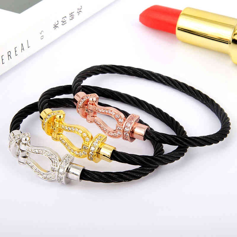 Bracelets Fashion Titanium Steel Wire Rope Magnetic Buckle Horseshoe Inlaid Brick U-shaped Head Micro Price-image-766164704