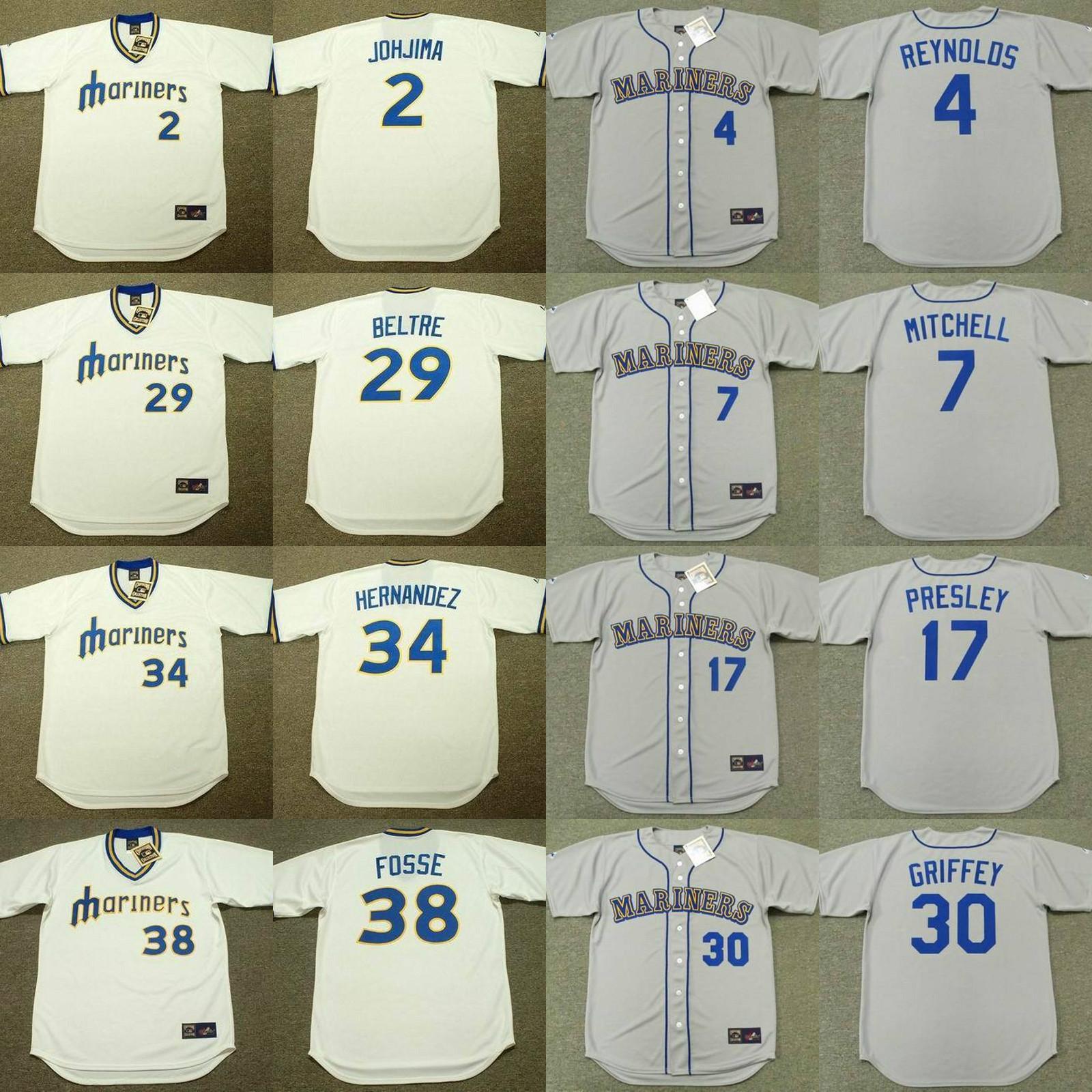 

Seattle 2 KENJI JOHJIMA 4 HAROLD REYNOLDS 7 KEVIN MITCHELL 17 JIM PRESLEY 29 ADRIAN BELTRE 30 KEN GRIFFEY 34 FELIX HERNANDEZ jersey, Grey