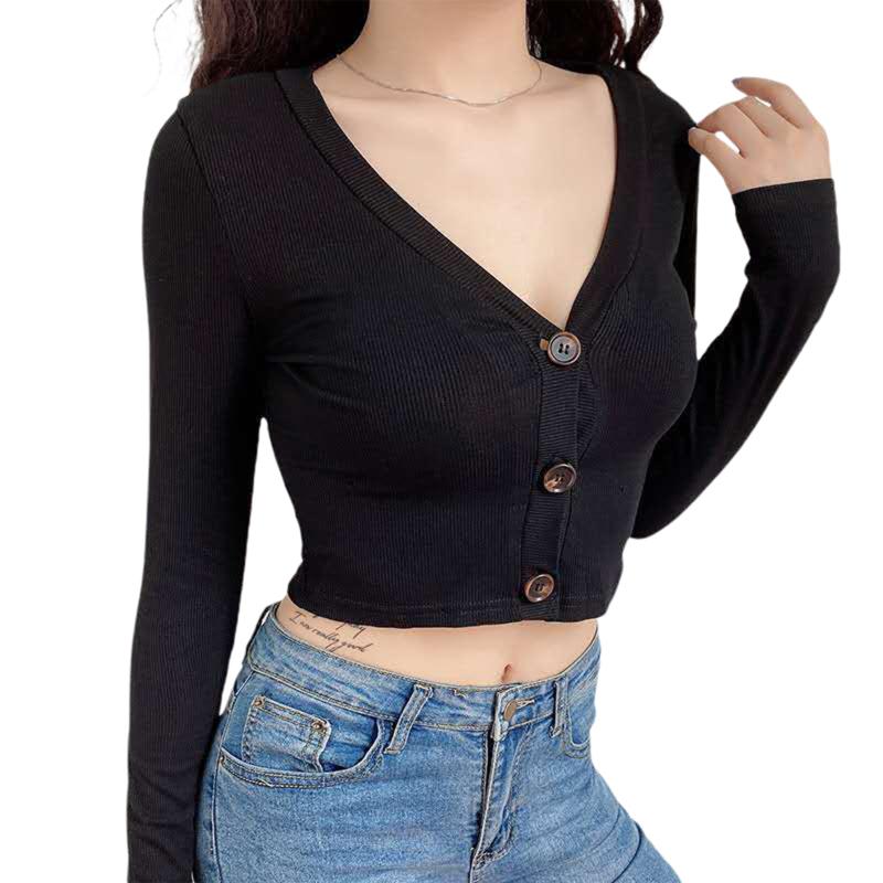 

Women' Blouses & Shirts Women Long Sleeve V-neck Crop Top Fall Winter Casual Buttons Solid Color For Ladies Daily, Black