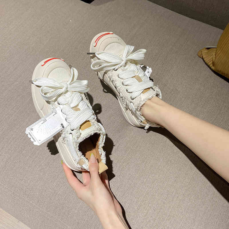 

Tan canvas shoes women's open smile shoes fashionable couple new thick soled lace up single, Black