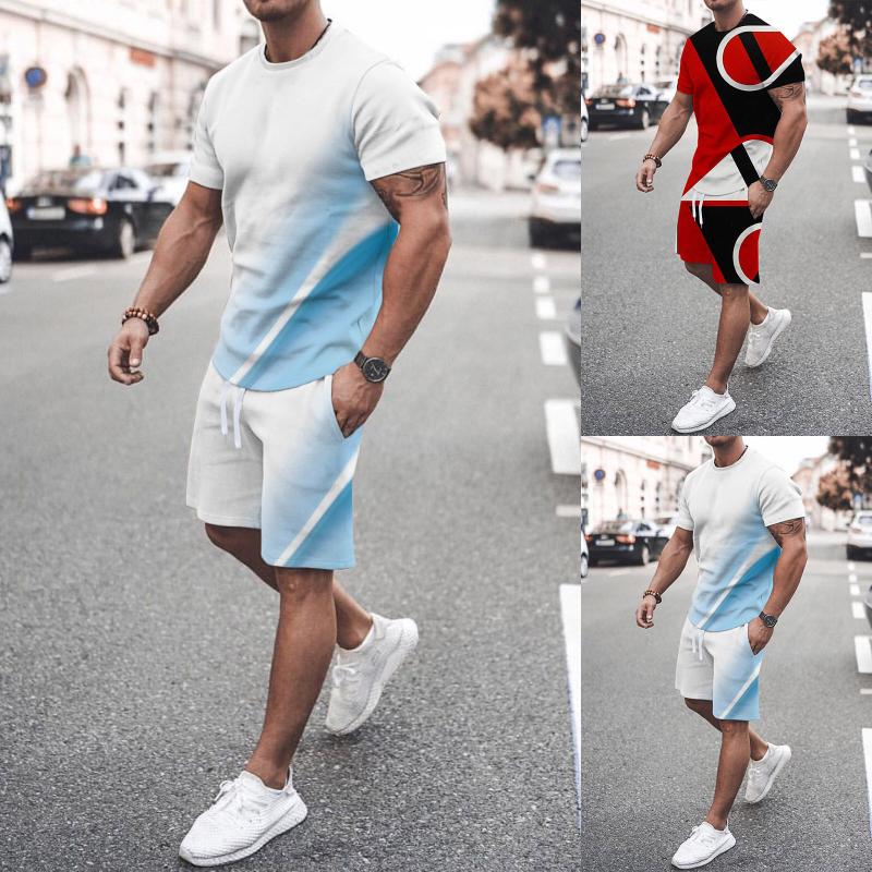 

Men's Tracksuits Men Summer Printed Short Sleeve T Shirt Crew Neck Top Tether Shorts Suits All Black Little Boys SuitMen's, Red