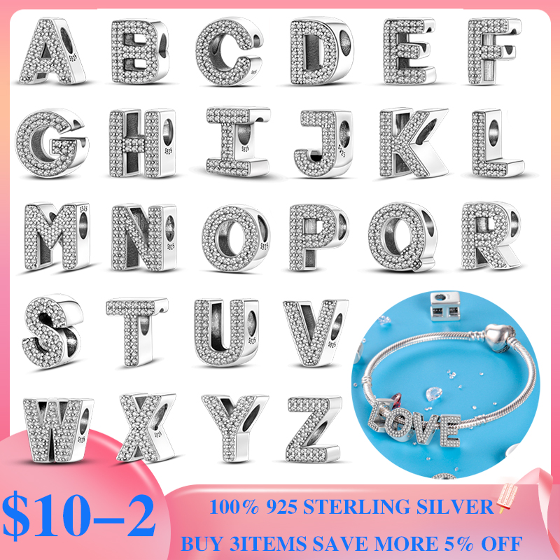 

925 Sterling Silver Dangle Charm Letter Alphabet A B C Cubic Zircon Beads Bead Fit Pandora Charms Bracelet DIY Jewelry Accessories