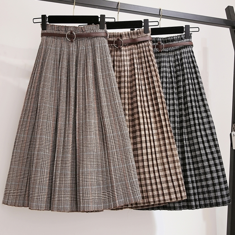 

Plus Size 3XL Spring Autumn Women Wool Skirts Plaid Mid Skirts Casual Loose Ladies Office Skirts Elastic Waist Sashes S39 Y200326, Black