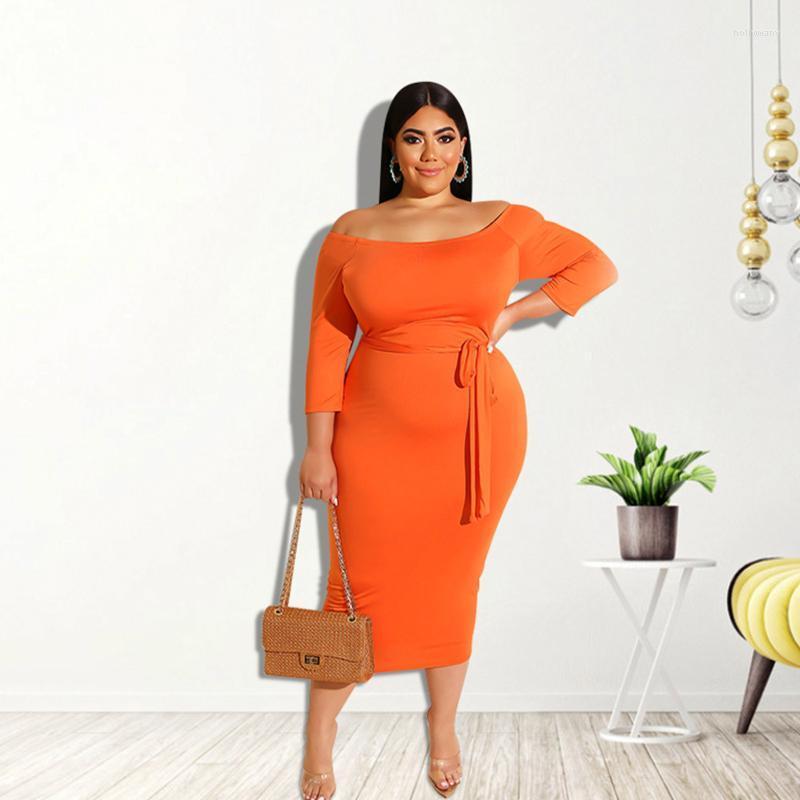 

Plus Size Dresses Women 3/4 Sleeve Sexy Off Shoulder Bodycon Midi Long Dress With Belt Solid Color Package Hip Slim Fit ClubwearPlus Holl22, Orange