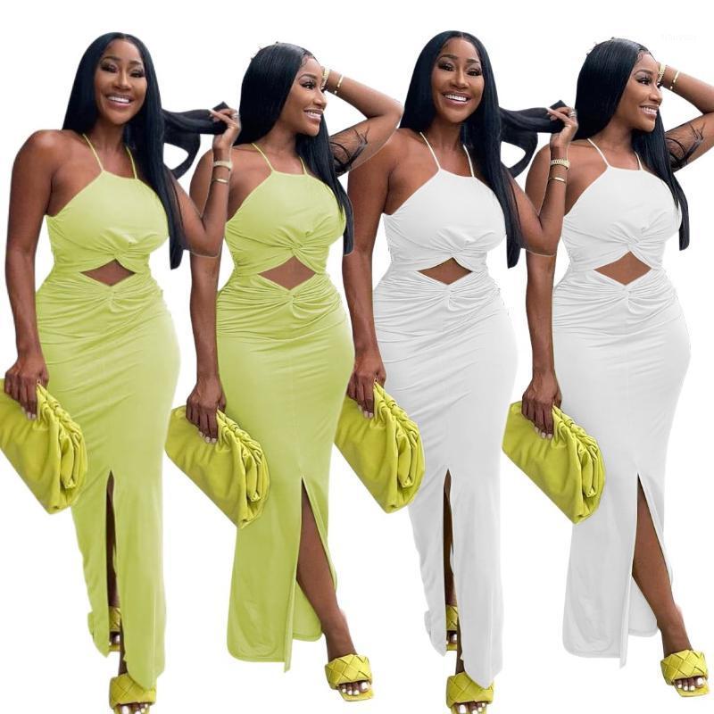 

Casual Dresses Sale Women Party Dress 2022 Charming Halter Neck Sleeveless Pleats Hollow Out Sexy Split Bodycon Ankle Length, Green