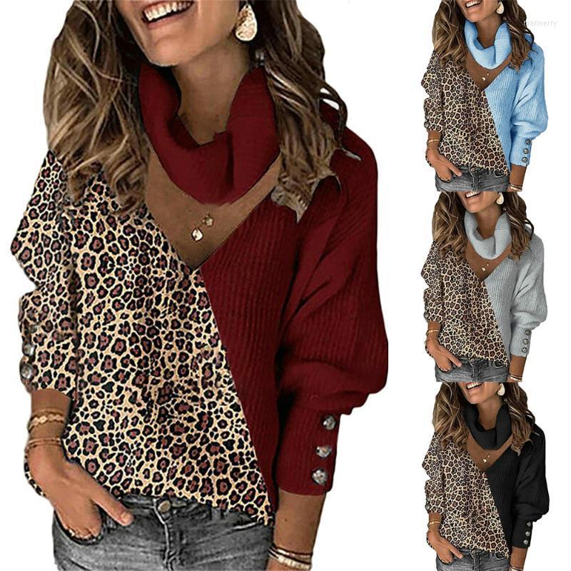 

Women' Sweaters Long Lantern Sleeve Loose Blusa De Frio Feminina Woman Knitted Leopard Patchwork Turtleneck JumpersWomen' Mari22