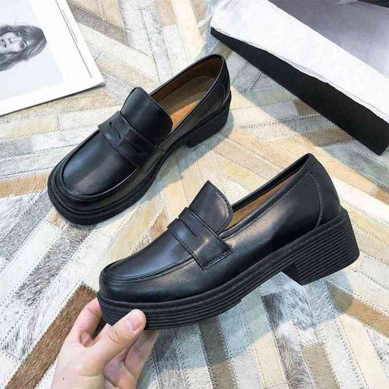 

Retro British College Style Loafers Shoes Thick Bottom Janes Loafers Girls Casual Shoes Flat Mary Shoes Women Platform Leat Y220628, Black