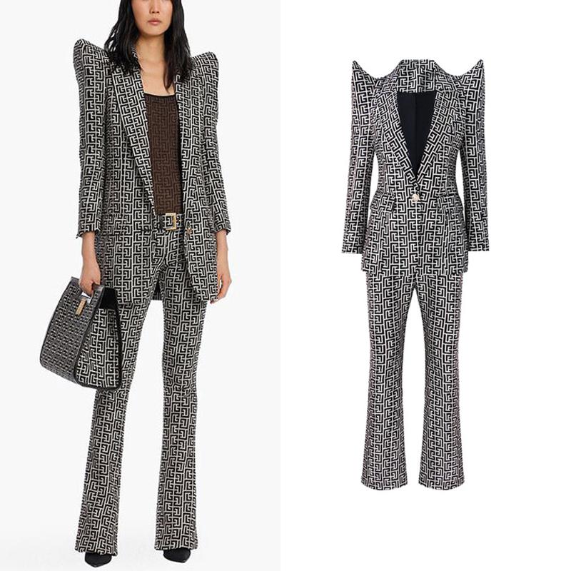 

Women' Two Piece Pants Spring And Autumn Fashion Black Suit Collar One Button Printed Jacket Trousers Temperament Commuter SuitWomen' WomW, Multi