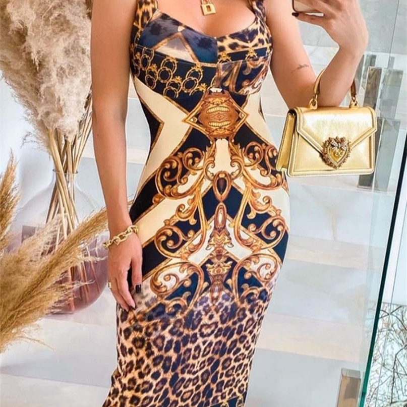 

XL Summer Woman Sexy Fashion Sleeveless Cheetah Scarf Print Colorblock Midi Dress Yellow Leopard Tank Tight Party Club 220613