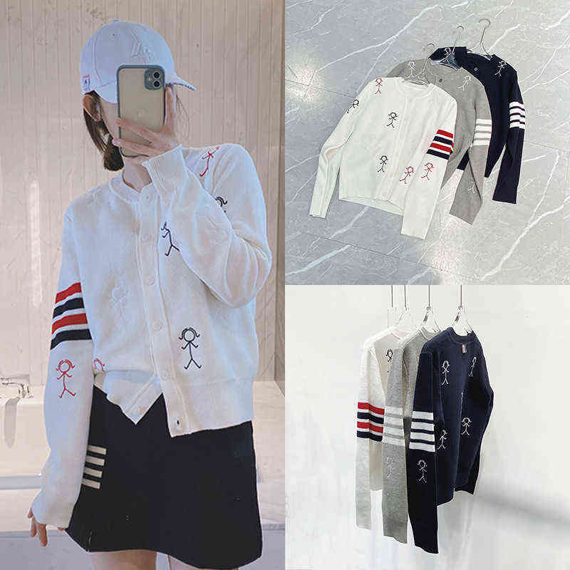 

2022 British College Style TB Thom Classic Striped Sweater Original Small Match Man Women' Coat Round Neck Slim Fine Wool Cardigan Top Spring And Autumn Tide, White (wool)