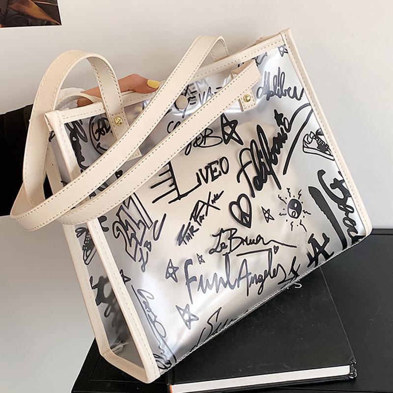 

Evening Bags Large Capacity Shoulder Handbag 2022 Summer Beach Bag Women PVC Waterproof Portable Tote, Black