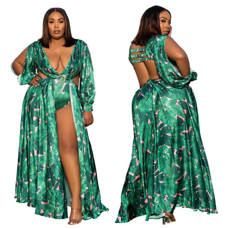 

Plus Size Dresses Party Dress V Neck Backless Hollow Circle Button Milk Silk Temperament Sexy Women Long Wholesale Drop, Green