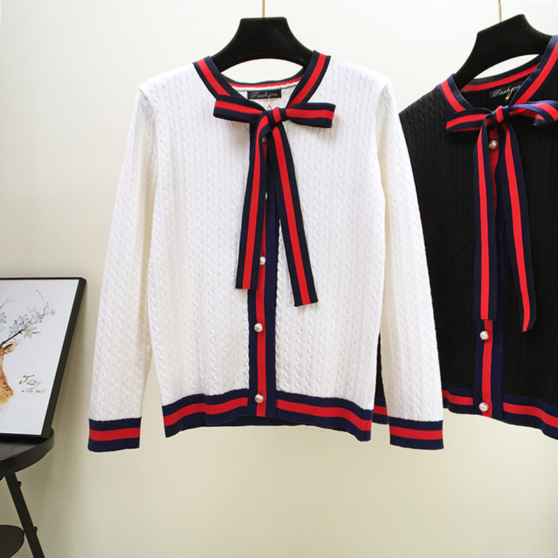 

Autumn Thick Cable Knit Cardigan Sweater Jacket Women Elegant Bow Neck Pearl Button Knitted Top Fashion Pure Color Sweater Coat, Black