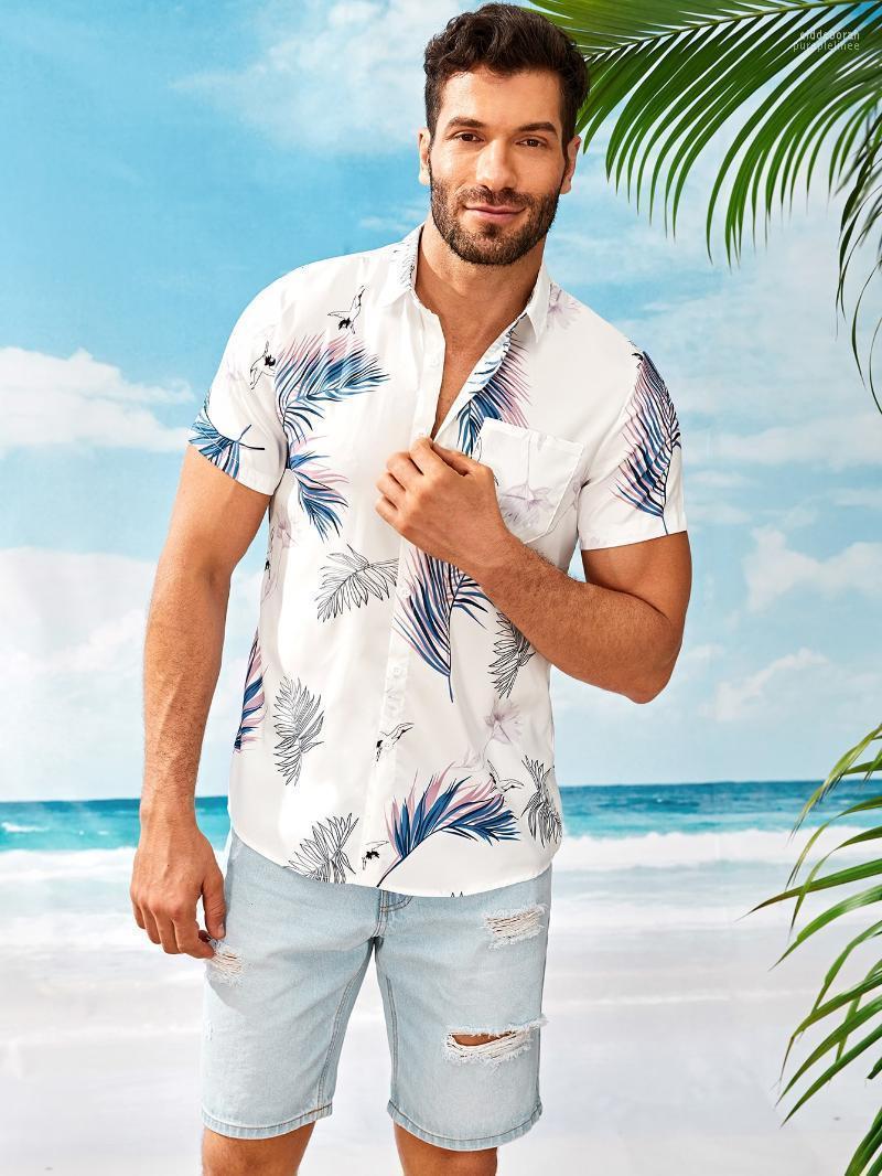 

Men' Casual Shirts Men Leaf Chinese Style Print Pocket Front Beach Vacation Trip Short Sleeve Summer Regular Hawaiian Shirt Eldd22, White