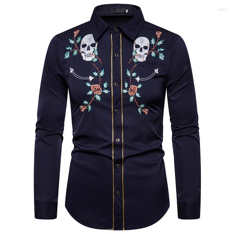 

Men' Dress Shirts Skeleton Rose Embroidered Camisa Long Sleeve Shirt Autumn Korean Hair Stylist 2022 Men' Chemise HommeMen, Black