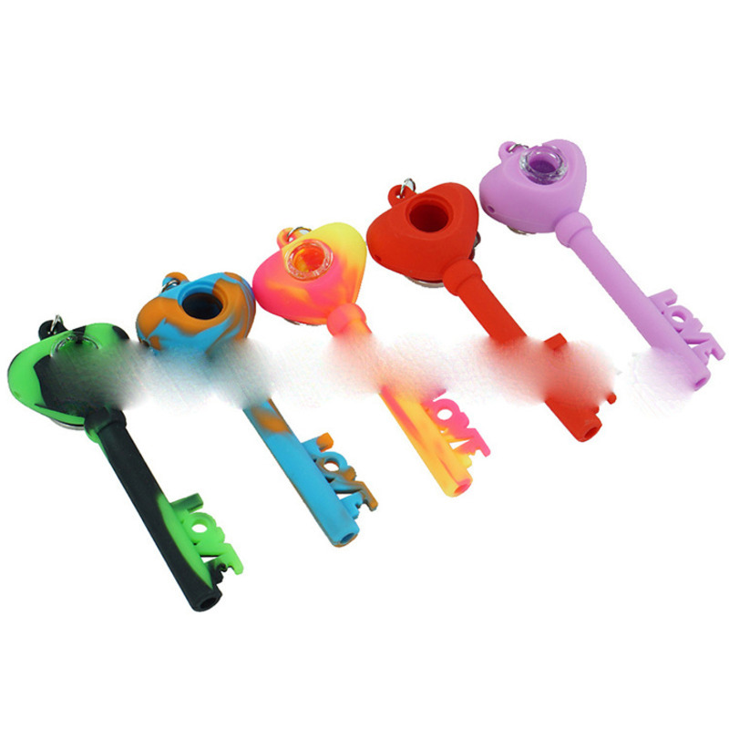 

Silicone pipe heart key smoking accessories set glass filter bowl hookahs bong accessory with keys chain portable