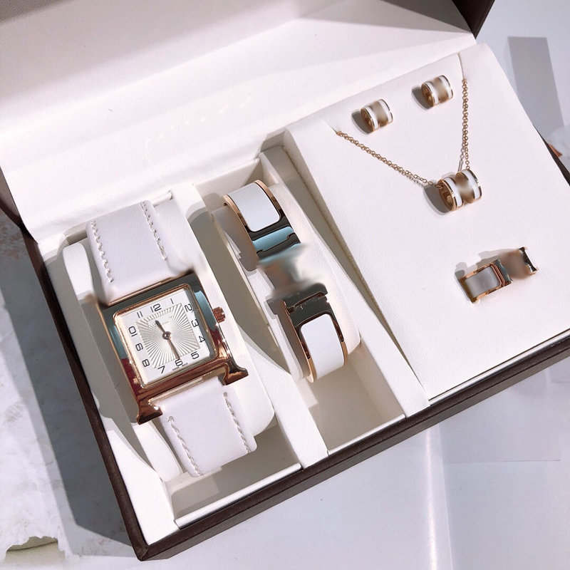 Women Luxury Jewelry Watches Set 5pcs include Enamel Rings Necklaces Earrings Bracelets Lady Designer Wristwatches With Box Gift-image-765124399