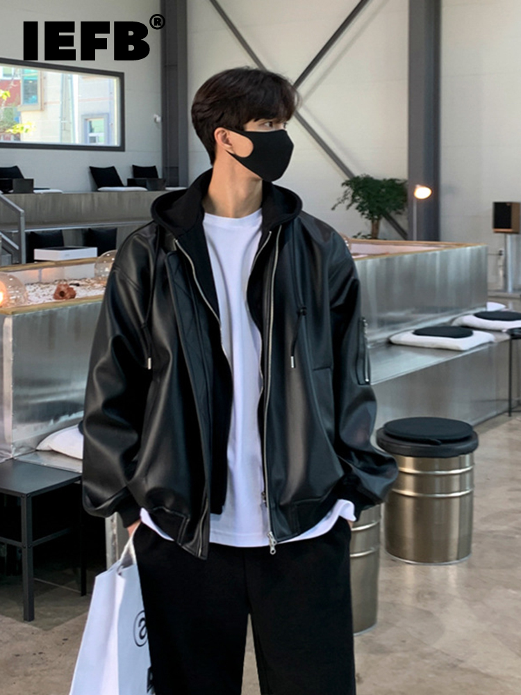 

IEFB PU Leather Men's Splicing Hooded Jacket Korean Loose Fashion Solid Color Casual Temperament Zipper 9A1507 220816, Black