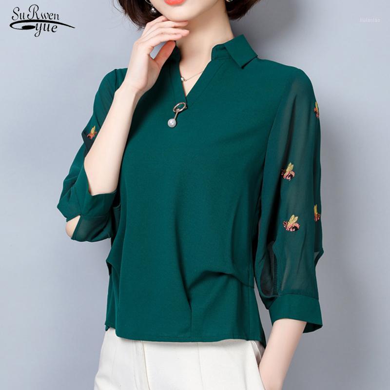 

Women' Blouses & Shirts 2022 Elegant Chiffon Button Blouse Women Tops Embroidered Wild Loose Cover Belly Top Long Sleeve Clothing 2639 50, Red