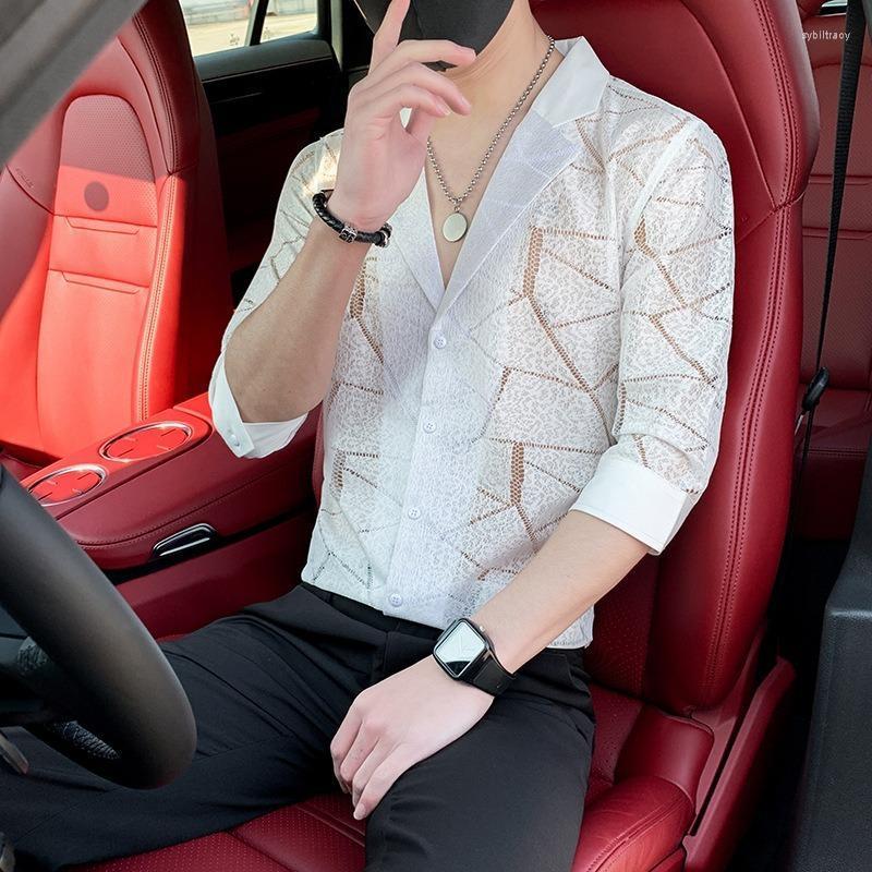 

Men's Casual Shirts Lace See Through Hollow Out Sexy For Mens Black Stretch Transparent Clothing Slim Fit Social Club PartyMen's Sybi22, White
