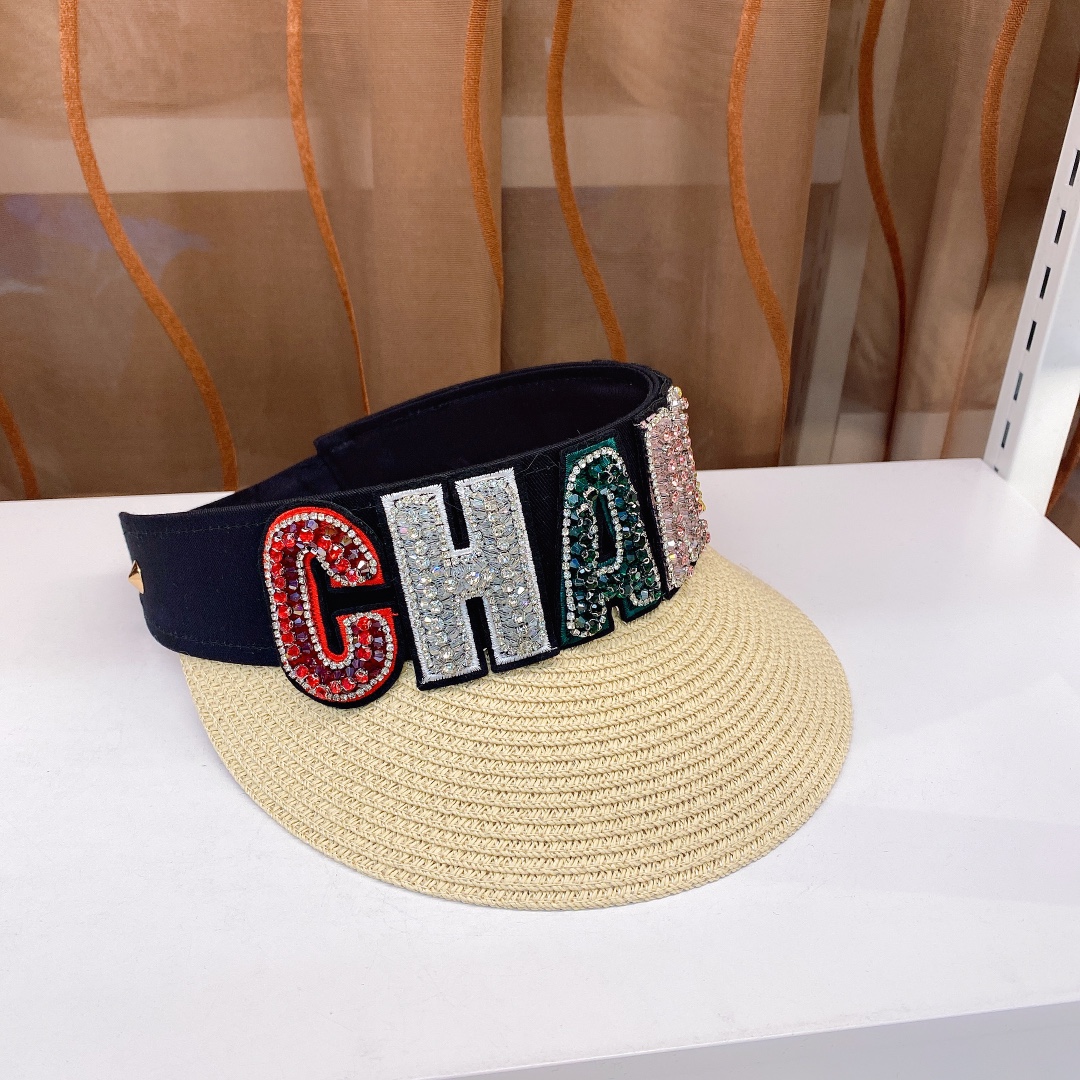 

Visors Hats Heavy Industry Alphabet Empty Cap Crystal Inlay Women Grass Braid Hats Men, Beige