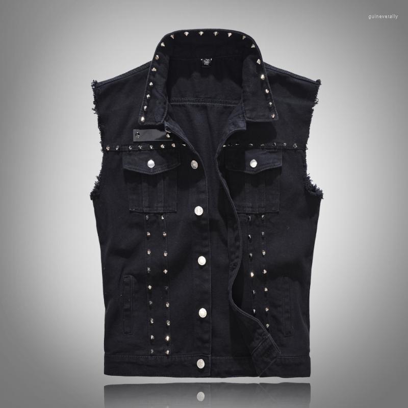 

Men's Vests 2022 Denim Vest Men Punk Rock Rivet Cowboy Black Jeans Waistcoat Fashion Motorcycle Style Sleeveless Jacket -5XL Guin22