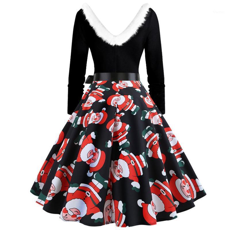 

Casual Dresses Vintage Furry V Neck Long Sleeve Christmas For Women Santa Claus Harajuku Graphic Evening Party Dress With Sashes Robes, As pic