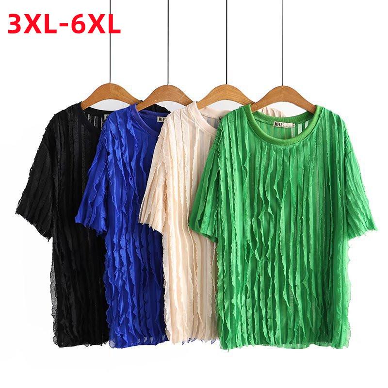 

Women's Plus Size T-Shirt Summer Knit Tops For Women Large Short Sleeve Loose Green Beige Fold 3XL  5XL 6XLWomen's