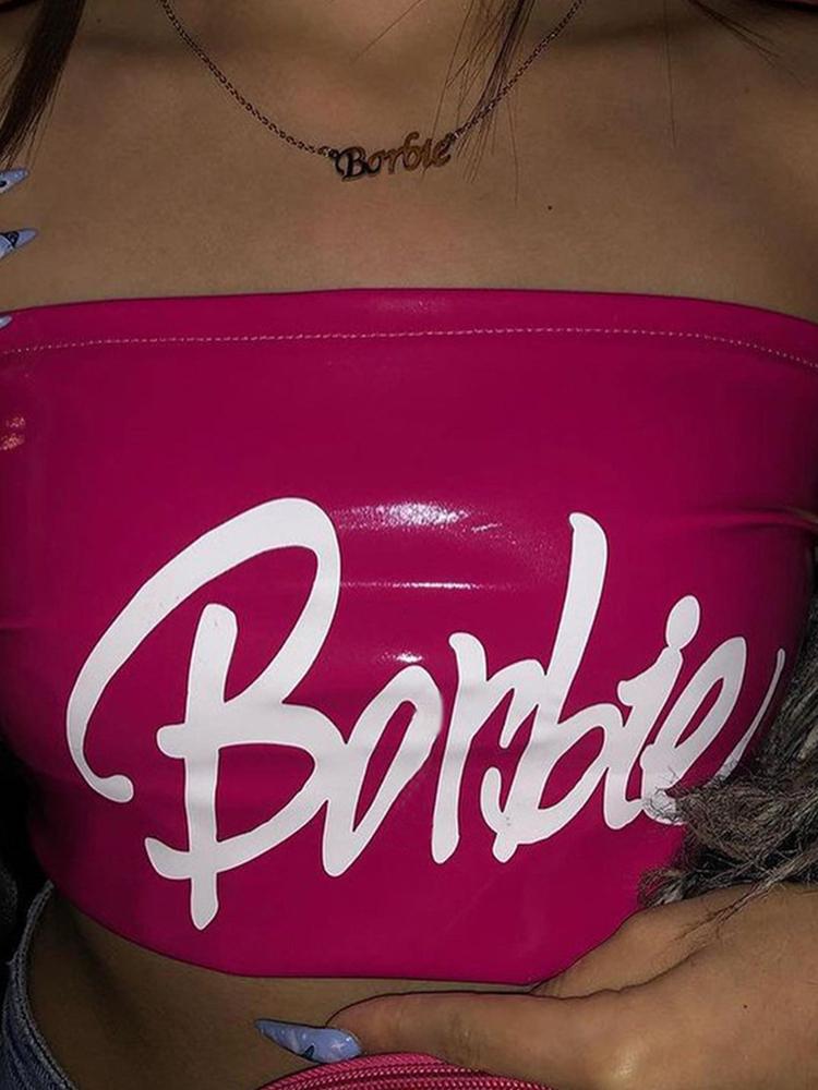 

Women' Tanks & Camis Letters Print Leather Sexy Canale Tube Crop Top Summer Women Fashion Streetwear Outfits Club Y2K TeesWomen, Rose red