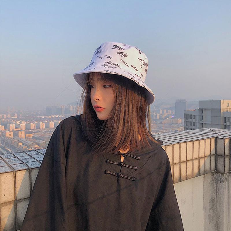

Berets Fashion Letter Bucket Hat For Women Men Double Side Cotton Summer Sun Visor Panama Black White Couple Hip Hop