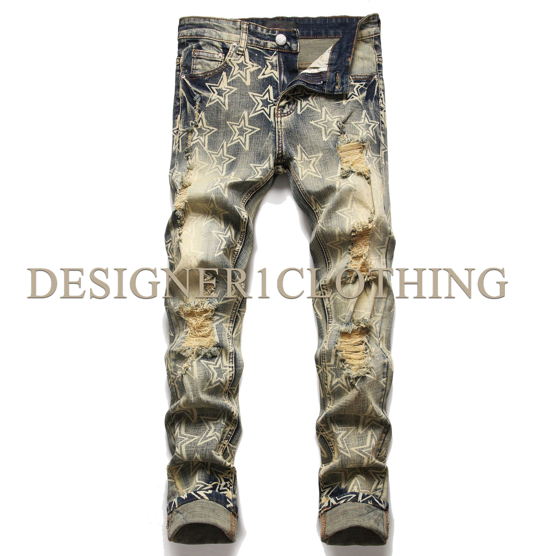 

Designer Jeans American retro nostalgic cross-border foreign trade perforated printed jeans men's tight Leggings wholesale 100% Pure Cotton Tops quality 2, Beige