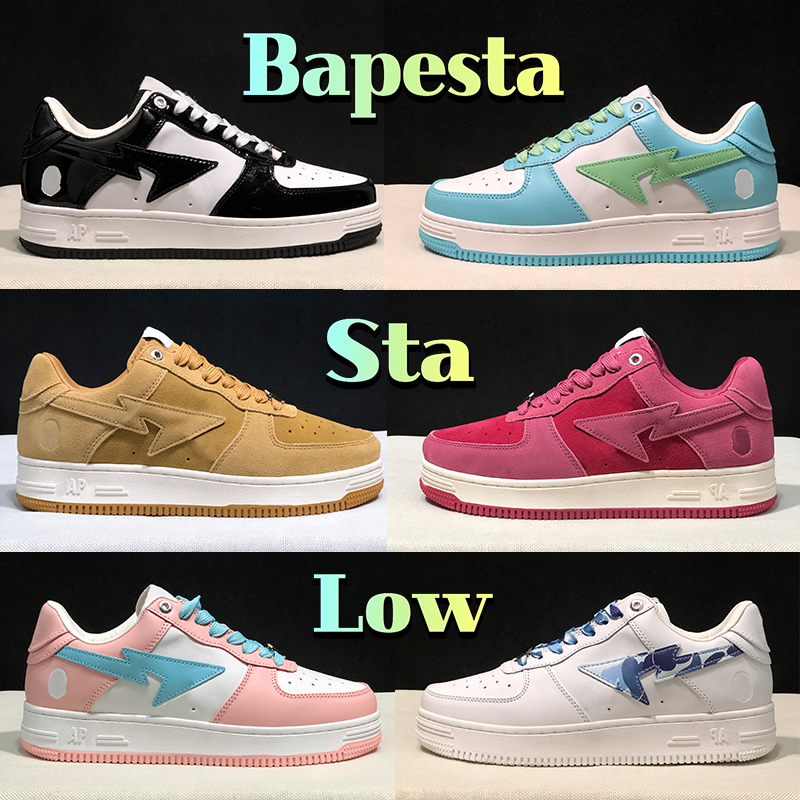 

Top Nigo Bapesta Sta Low mens running shoes Bathing Apes College Dropout Patent Leather grey Black white Pastel Pink JJJJound Tokyo men women designer sneakers, Shoe box