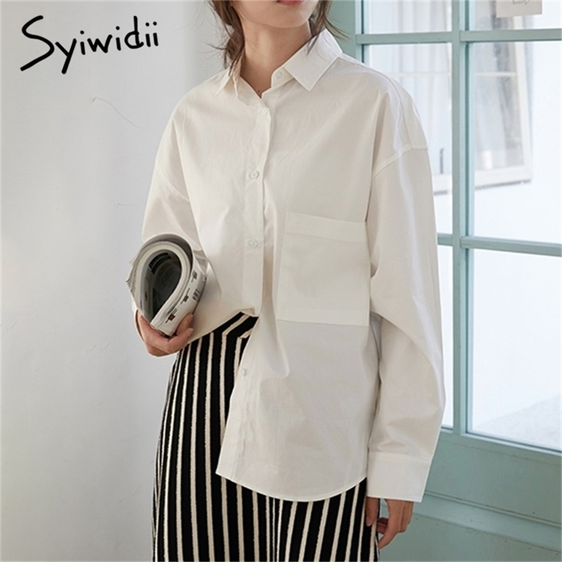 

Women Blouses with Pocket Oversized Shirts Batwing Sleeve Korean Spring Fall Fashion OL White Tops 210607
