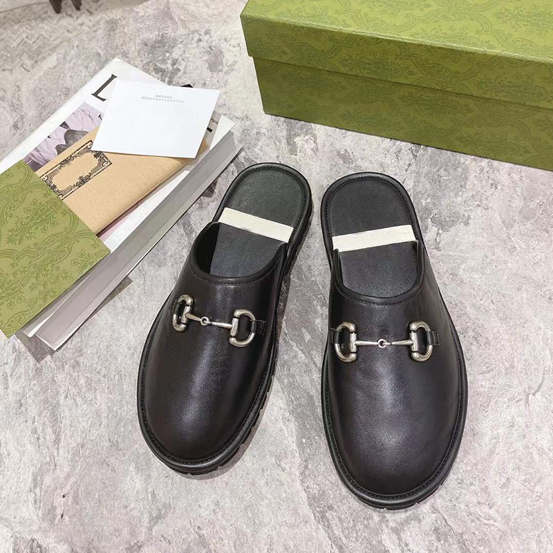 

Designer Slippers Mens Flat Mules Genuine Leather Sandals Luxury Casual Shoes Half Drag Metal Chain Shoe Cowhide Slipper NO381, Sock