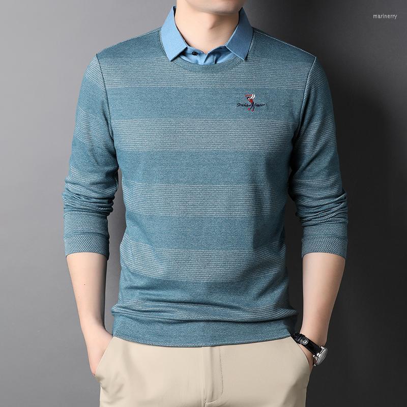 

Men's Sweaters Fake Two Pieces Mens High Quality Long Sleeve Round Collar Casual Male Fashion Striped Man 4XLMen's Mari22, Blue