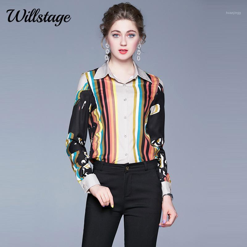 

Willstage Women Shirts Stripe Positioning Printed Shirt Long Sleeve Button Elegant Blouse 2022 Autumn Winter Tops Formal Clothes Women's Blo, Black
