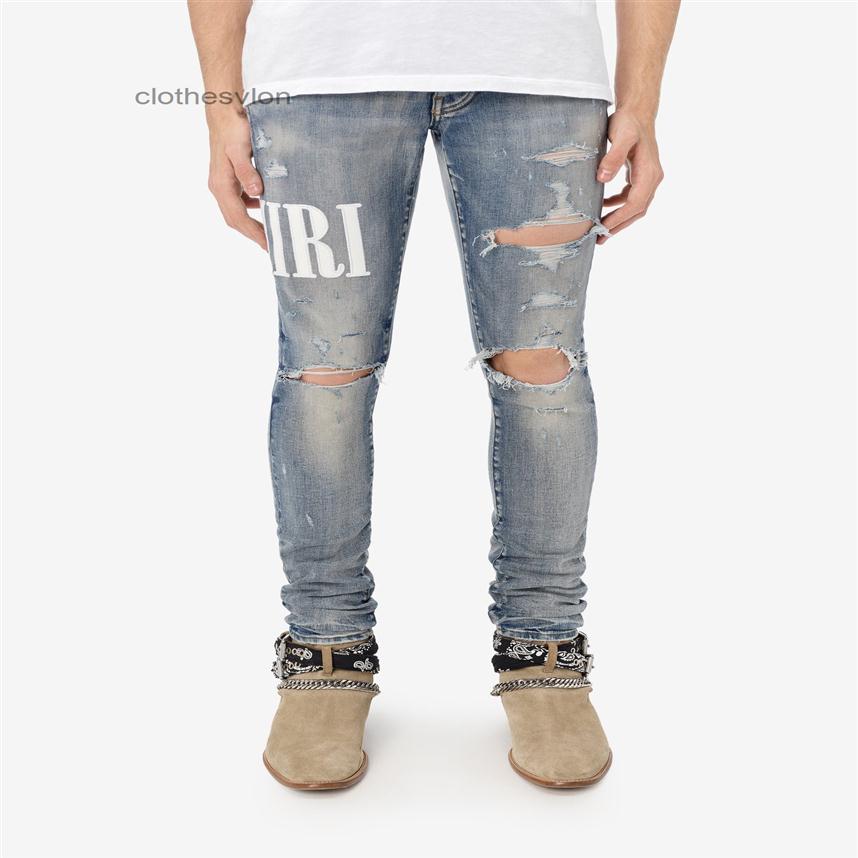 

Jean Designer Amirs Jeans 2022 Amirsy Version Style Leather Stitching Embroidery Letter Cutting Washing Water Hole Breaking Fashio263l, Light blue