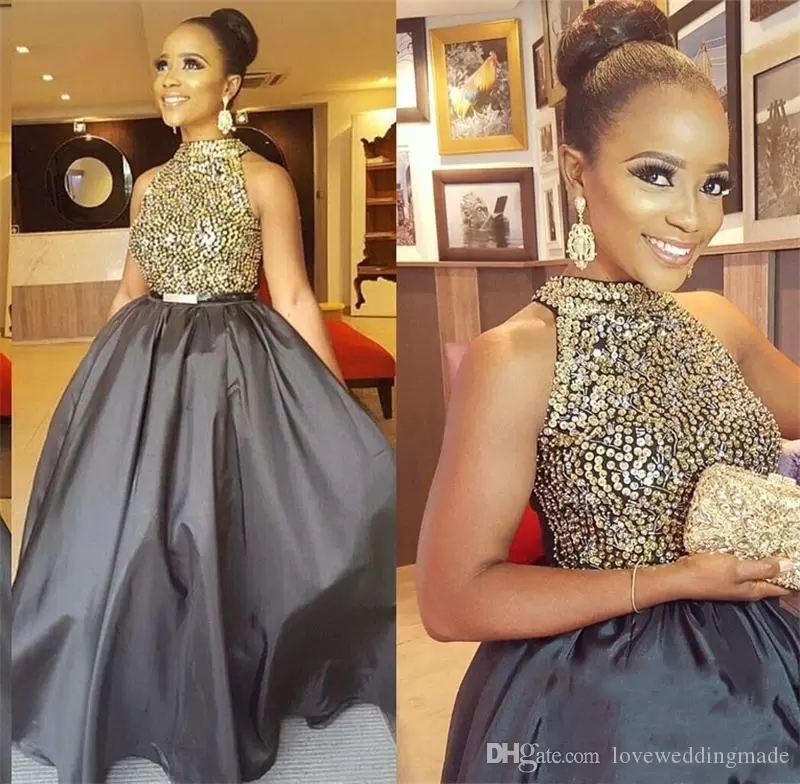 2022 Africain col haut gris longues robes de bal paillettes perlées haut taffetas fille noire soirée robe formelle marié mère porter