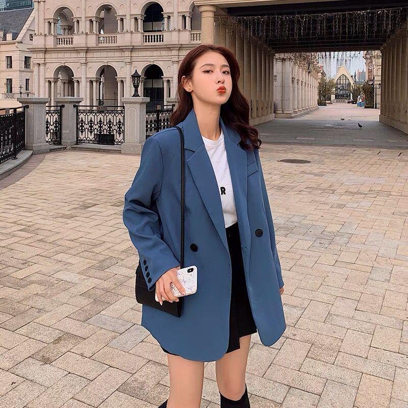 

Women' Suits & Blazers Women Spring Autumn Korean Casual Slim Work Double Breasted Female Fashion Career Jacket Office Lady Solid Coats Z56, Blue