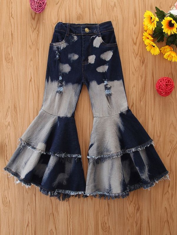 

Toddler Girls Washed Raw Trim Layered Flare Leg Jeans SHE, Multicolor