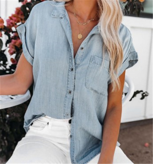 

Women' Blouses & Shirts Women Fashion Demin Shirt Lepal Collar Blouse Women' Short Sleeve Jean Wear 2022 Single Breasted Tops Clothing, Blue