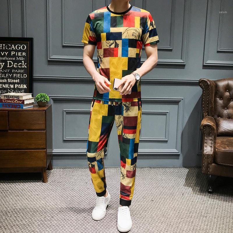 

Men's Tracksuits Color Square Tracksuit MenT-shirt Pants 2 Pieces Mens Set Fashion Print Chandal Hombre Hip Hop Short Sleeve, 2005