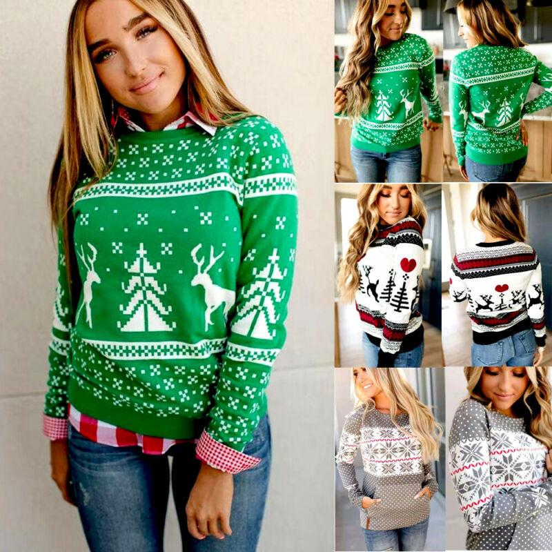 

Women' Sweaters Women Lady Long Sleeve Round Neck Christmas Santa Xmas Print Sweater Jumper Winter Pullover Fit Casual Slim Tops ReindeerWo, Black