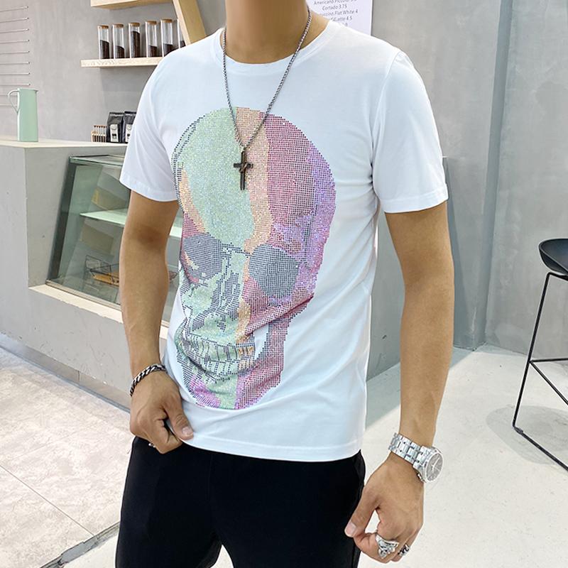 

Men's T-Shirts Men's Spring And Summer High Quality Drilling Colorful Skull Fashion Round Neck Bodybuilding ShirtMen's, As shown asian size