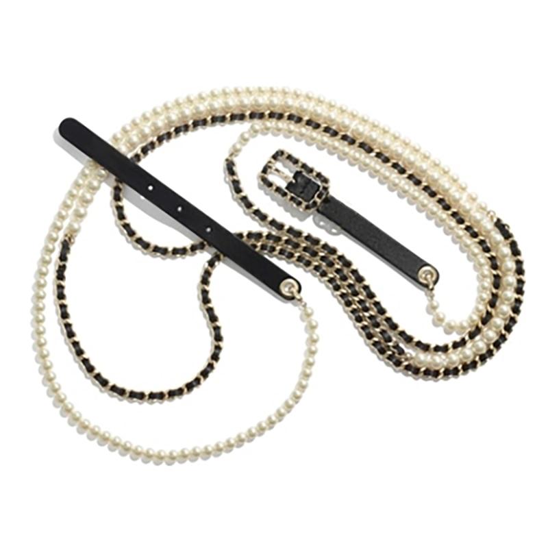 

Belts Luxury Chains Belt Female Dress Decoration Leather Through Golden Pearls Chain Waist Circles Elegant Ladies GiftBelts, White