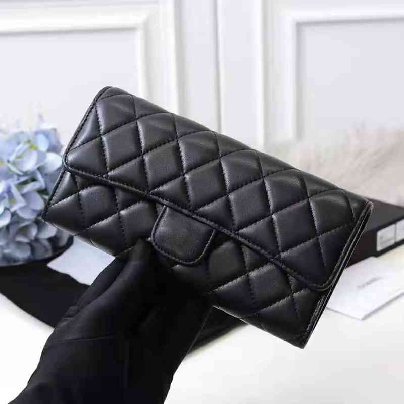 

Luxury Women Wallet Leather Designer 2022 New Sheepskin Purse Criss-Cross Long Flap Caviar Hight Quality, Lambskin silver