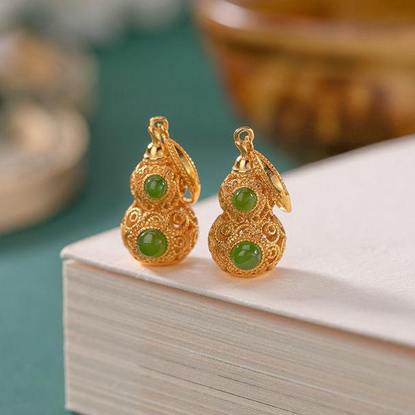 

Dangle & Chandelier Natural Hetian Jade Hollow Gourd Earrings S925 Sterling Silver Exorcising And Fortune Drawing Birthday Gift JewelrDangle